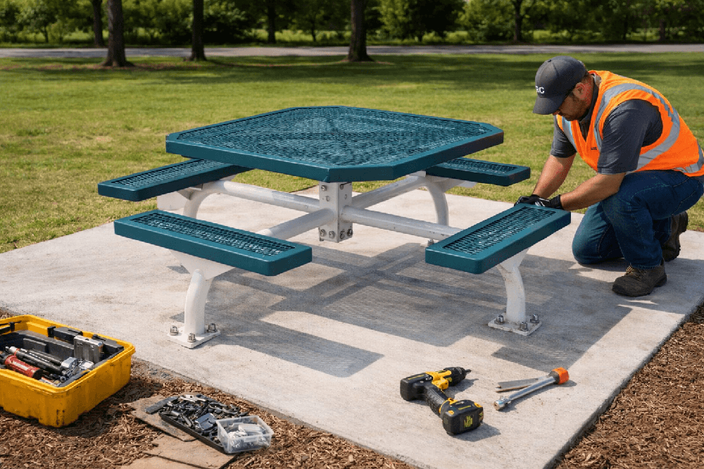 Worker installing a surface mount picnic table with anchor bolts on concrete demonstrating secure installation for commercial outdoor environments